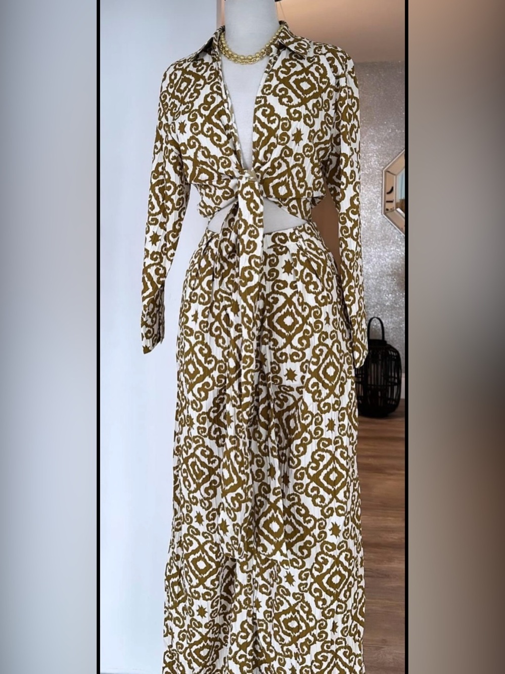 Women’s Printed Wide-Leg Pants and Tie-Front Top - Cream & Olive
